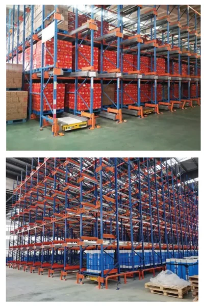 High-density automated pallet shuttle racking system in an industrial warehouse.